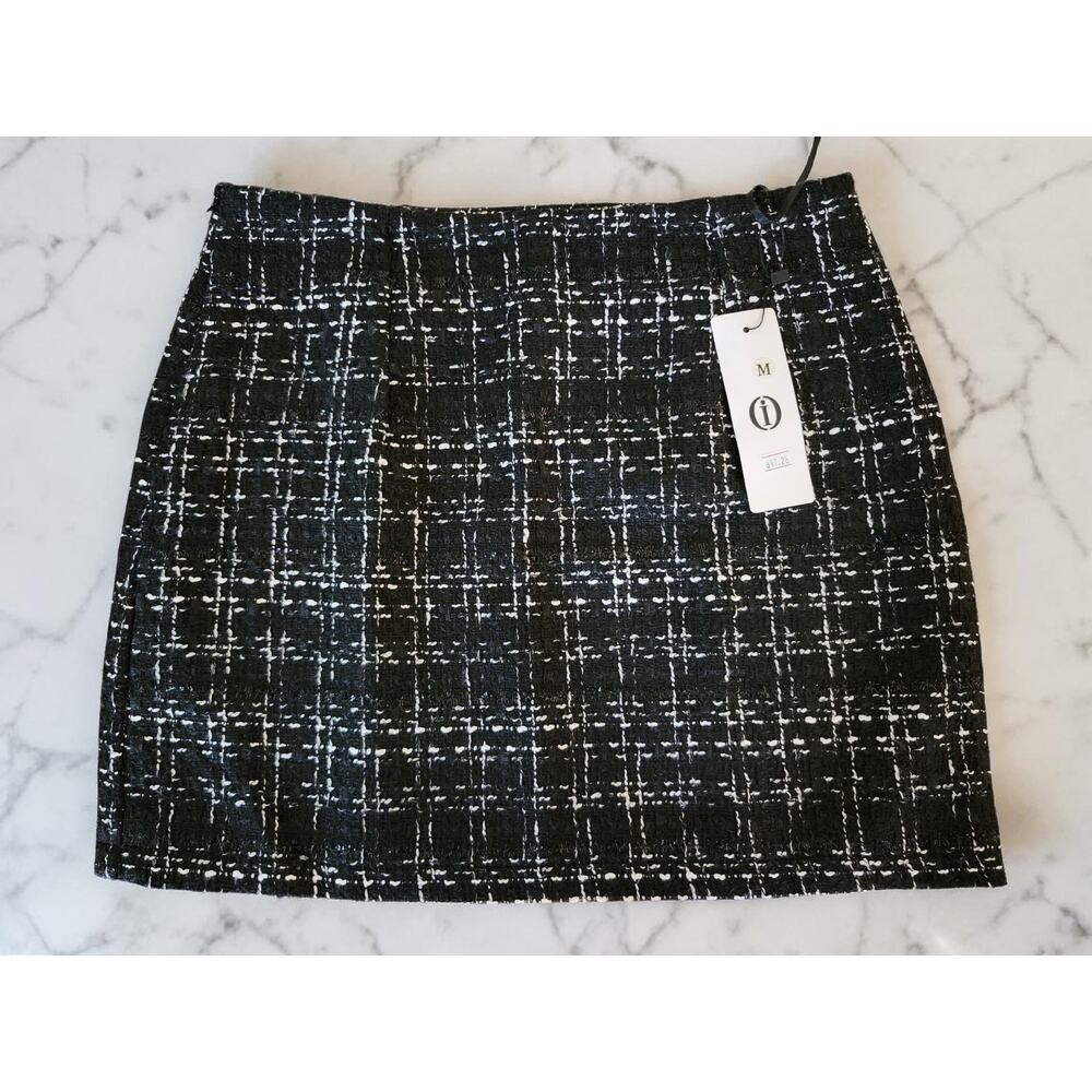 Women's Tweed Plaid Pencil Skirt Black White Wool Blend Lined High Rise M